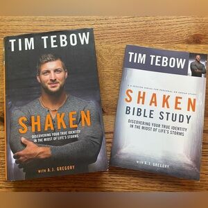 Shaken hardcover book by Tim Tebow and accompanying Bible study workbook